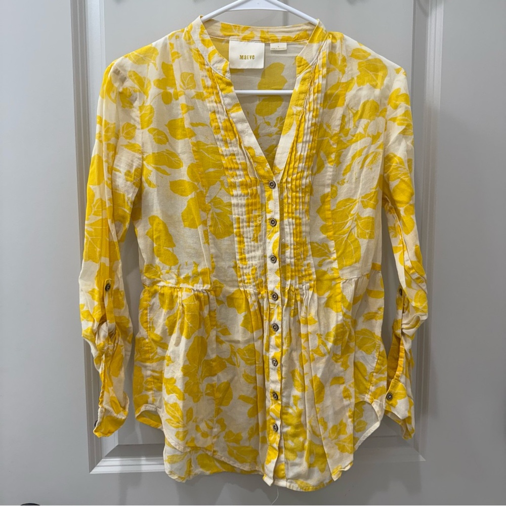 Anthropologie Maeve Yellow Floral Pintuck Peplum Button Down Blouse Boho Spring